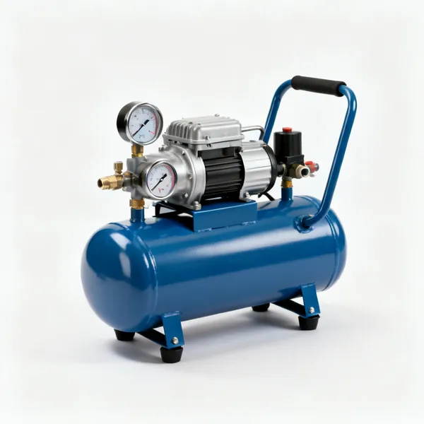 An air compressor with a tank and gauges