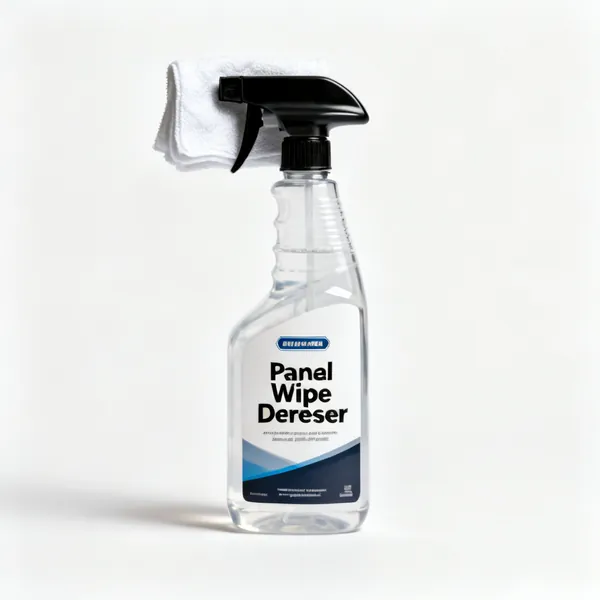 A bottle of panel wipe degreaser with a cloth