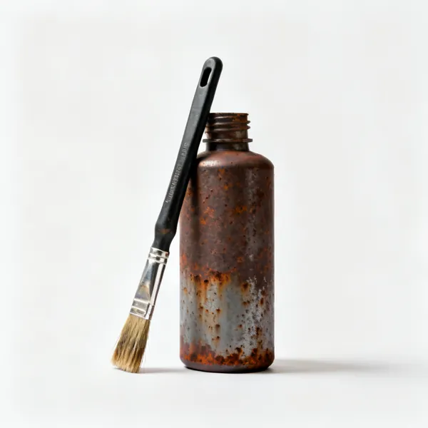 Rust treatment: A bottle of rust converter treatment with a brush