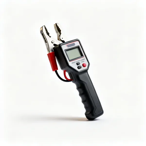 Battery tester: A handheld battery load tester with a display and clamps