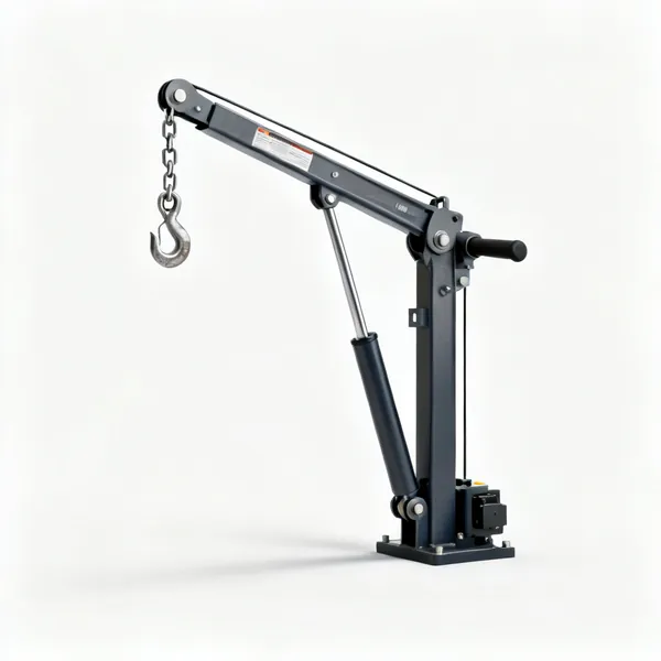A folding hydraulic engine crane with a chain and hook
