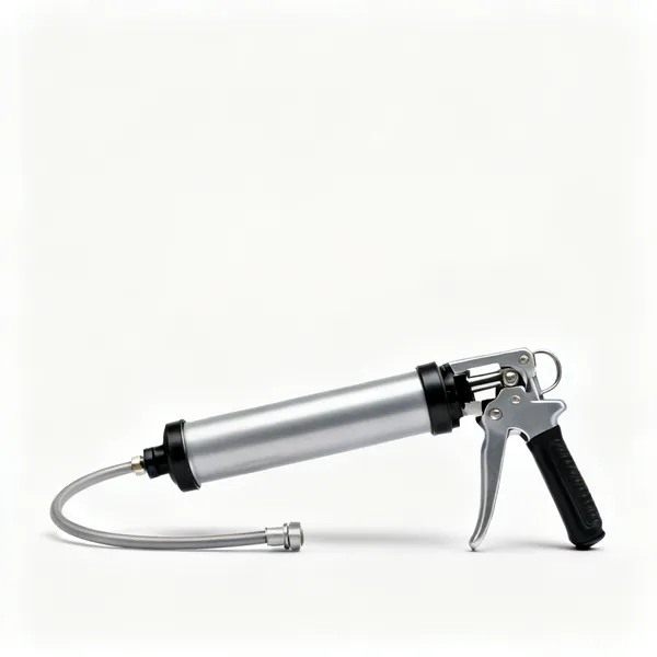 A lever action grease gun with a flexible hose