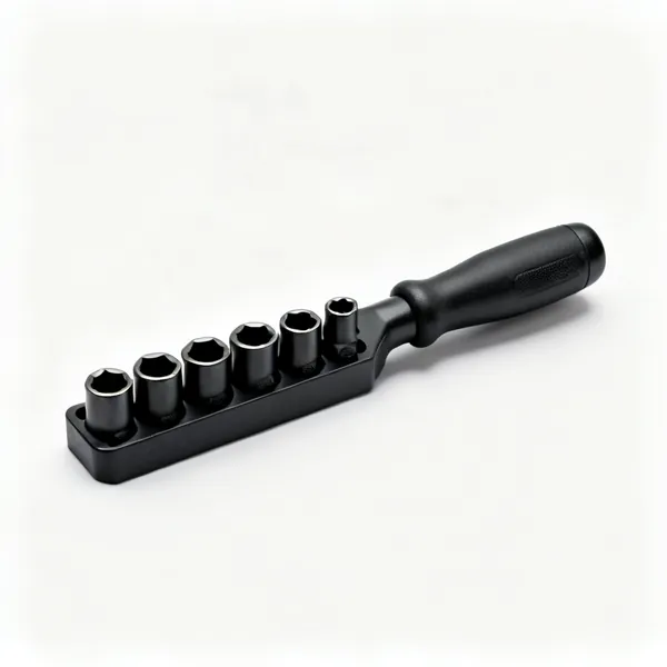 A set of black impact sockets in a rail