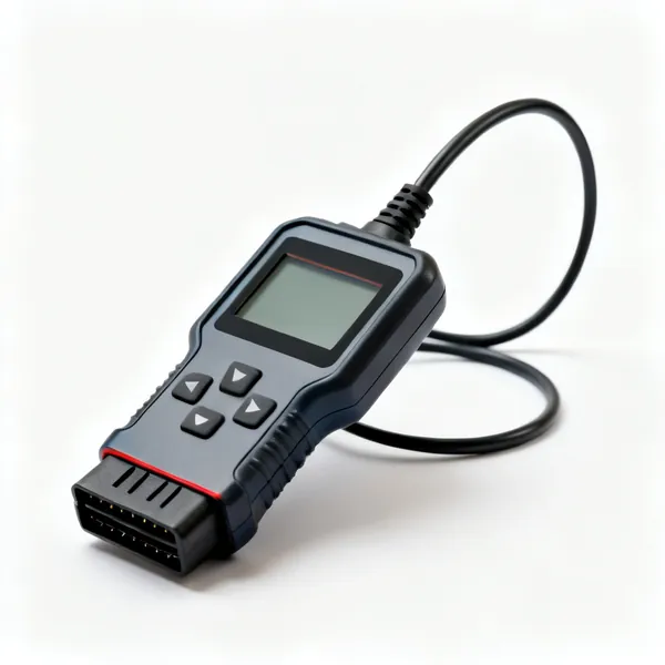 OBD scanner: A handheld OBD2 diagnostic scanner with a screen and cable