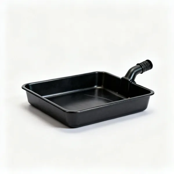 A low black plastic oil drain pan with a spout