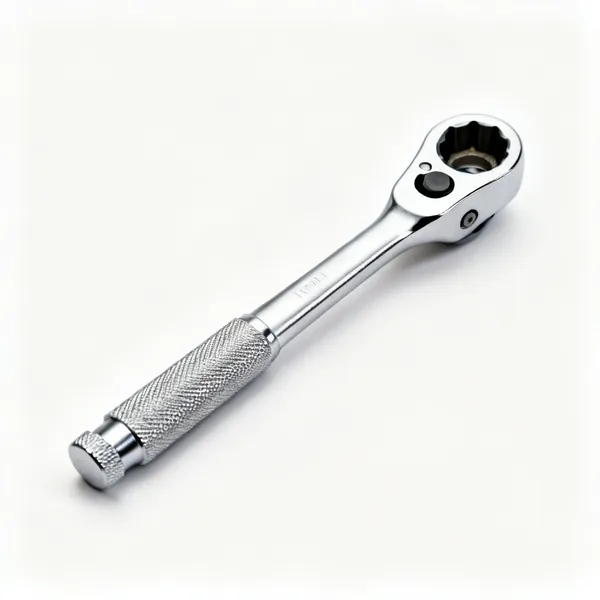 A chrome socket ratchet handle with a knurled grip