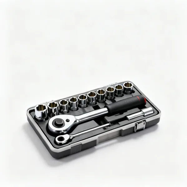 A socket set in a case with a ratchet handle and multiple sockets