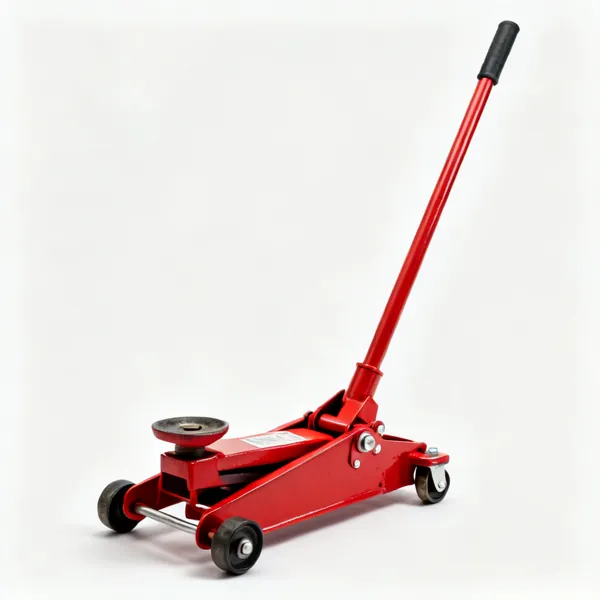 A red hydraulic trolley jack with a saddle and long handle