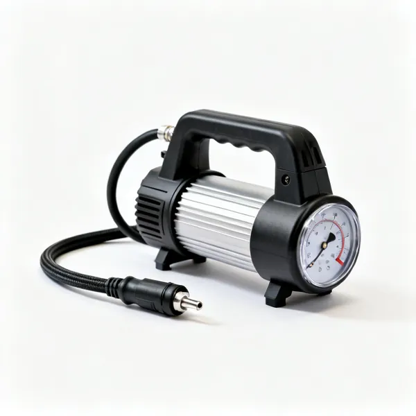 A portable 12V tyre inflator with a hose and gauge
