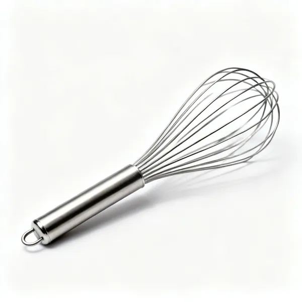 A stainless steel balloon whisk with many wires