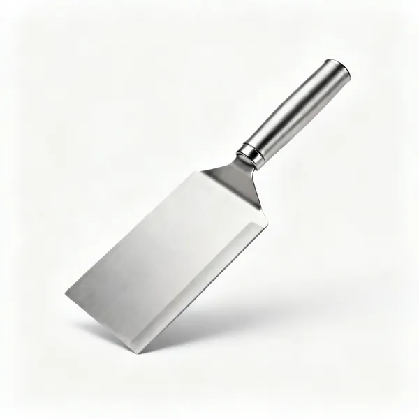A stainless steel bench scraper with a rolled handle