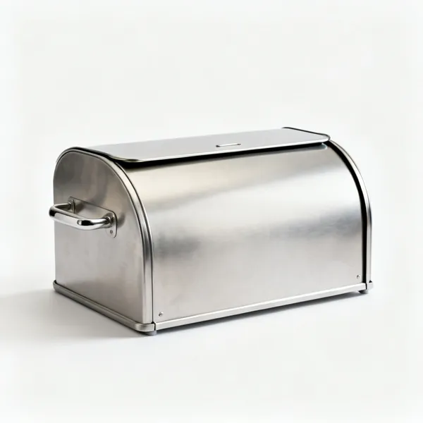 A metal bread bin with a lid