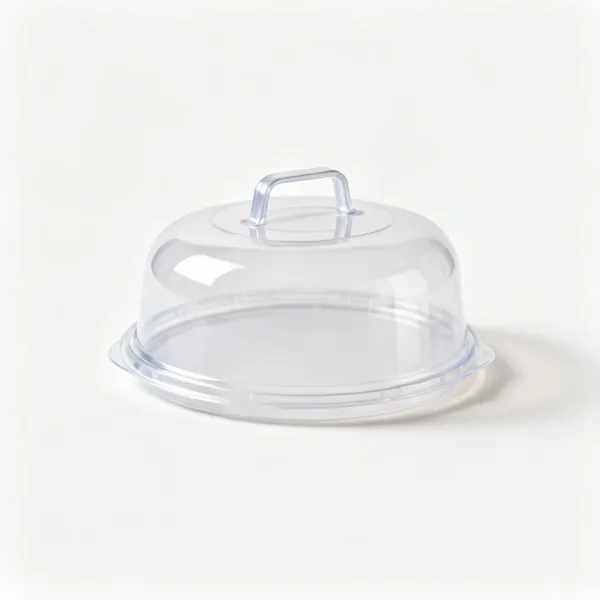 A plastic cake carrier with a domed lid