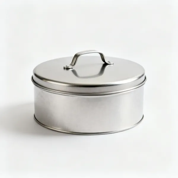A round metal cake storage tin with a lid