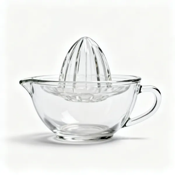 A glass citrus juicer reamer with a bowl