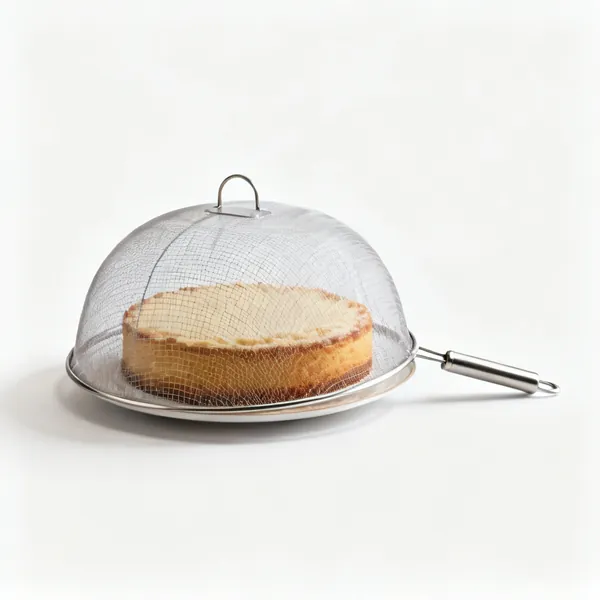 A mesh food cover dome over a cake