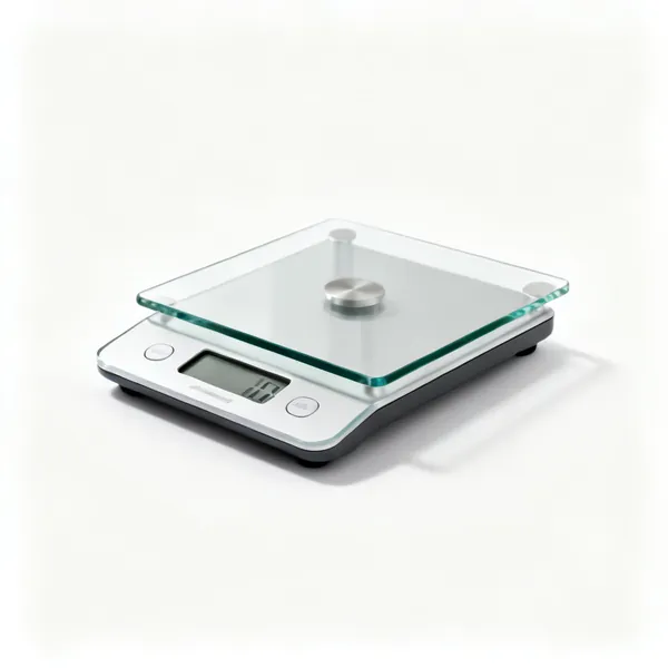 Digital scales: A flat digital kitchen scale with a glass top and display