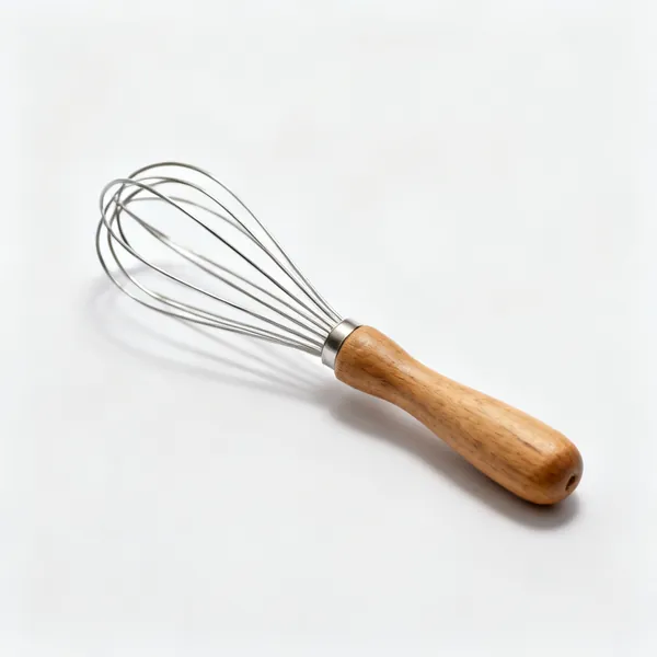 A Danish dough whisk with a wooden handle and steel loop
