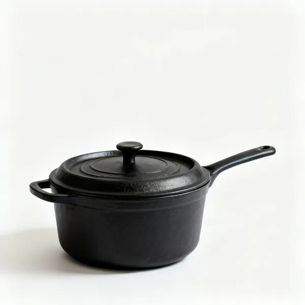 Cast iron pot: A black cast iron lidded dutch oven pot