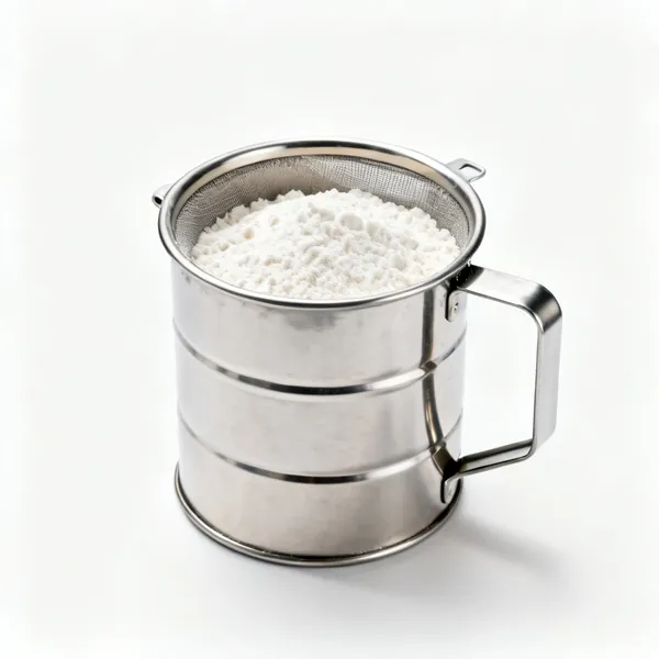 A stainless steel flour shaker dredger with a mesh lid