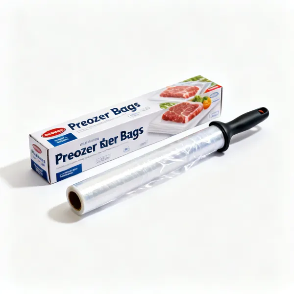 Freezer bags & wrap: A box of freezer bags and a roll of cling film