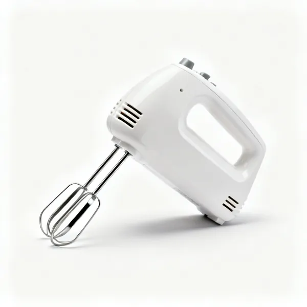 A white electric hand mixer with two beaters
