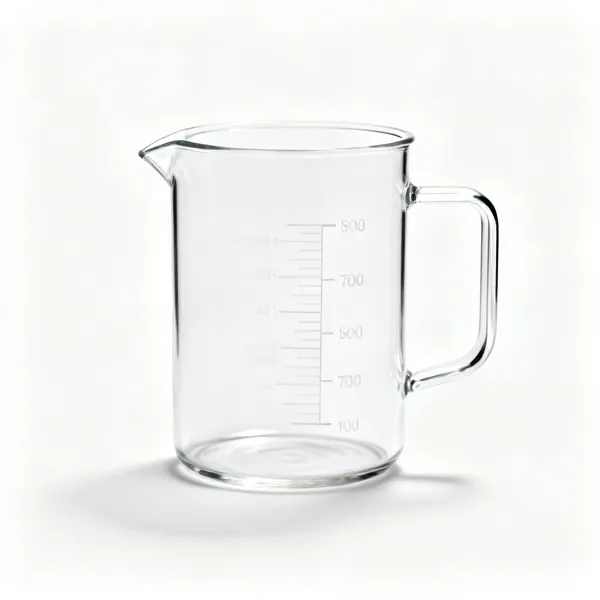 A clear glass measuring jug with volume markings