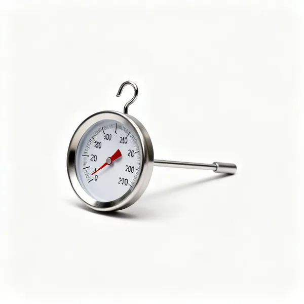 A round dial oven thermometer with a hook
