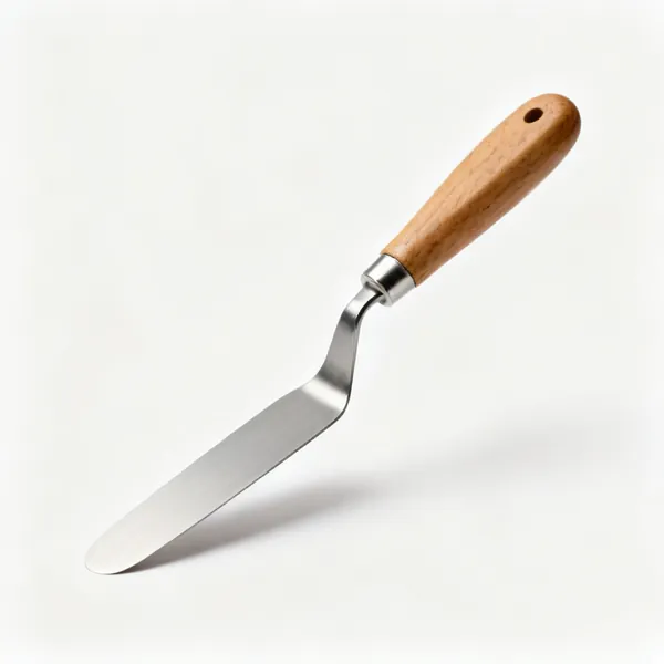 A flexible steel palette knife with a wooden handle