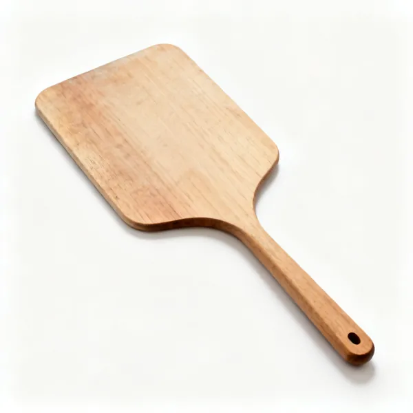 A wooden baking peel with a long handle