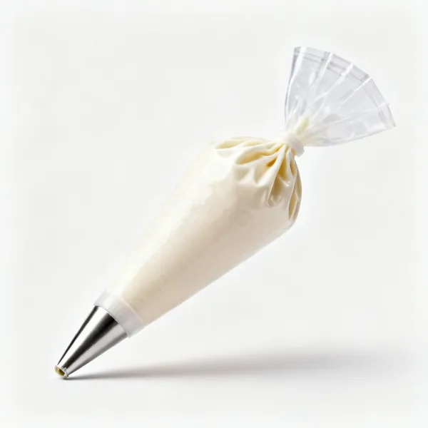 Piping bags: A piping bag with icing and a nozzle