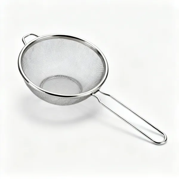 A round stainless steel mesh sieve with a handle