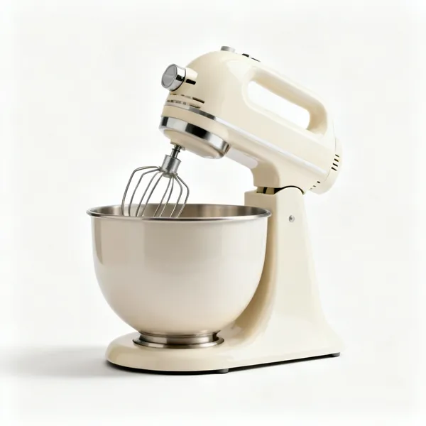 A cream coloured stand mixer with a bowl and dough hook