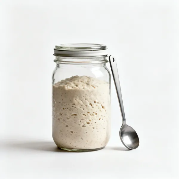 Starter jar: A tall glass jar with a loose lid holding sourdough starter