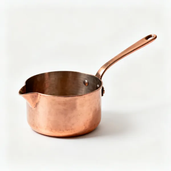 A heavy copper sugar pan with a pouring lip
