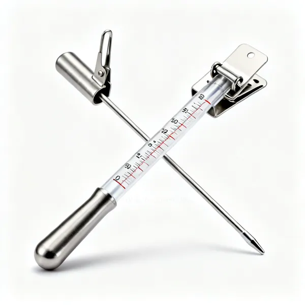 A stainless steel sugar thermometer with a clip and scale