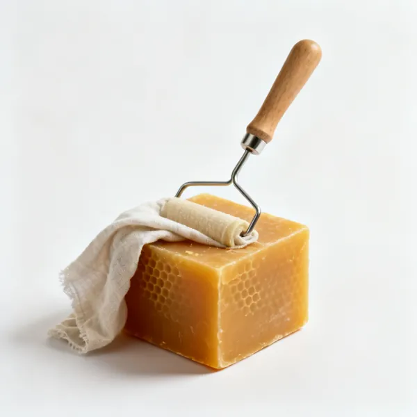 Wax finish: A block of beeswax with a cloth