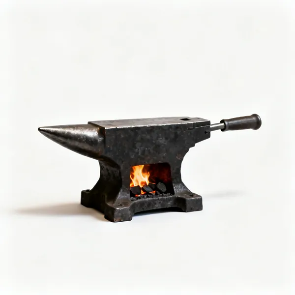 A blacksmith coal forge hearth with a fire