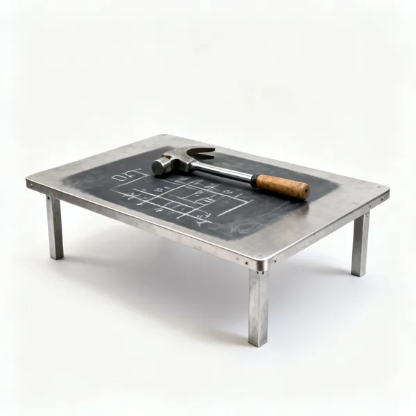 A steel layout table with chalk markings