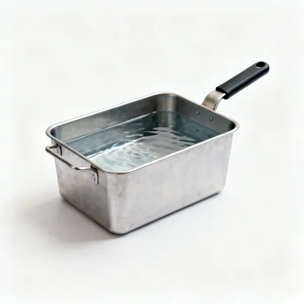 A steel quench tank filled with water