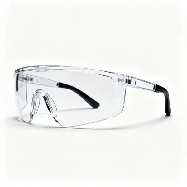 A pair of wraparound safety glasses