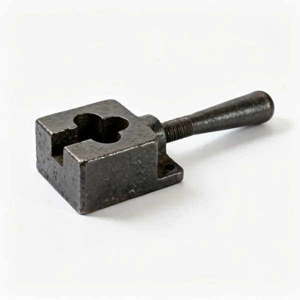 A cast iron swage block with shaped holes