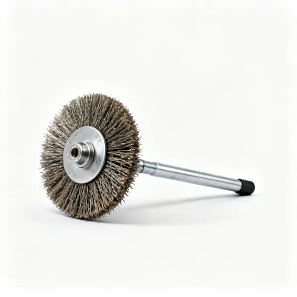A wire wheel on a bench grinder