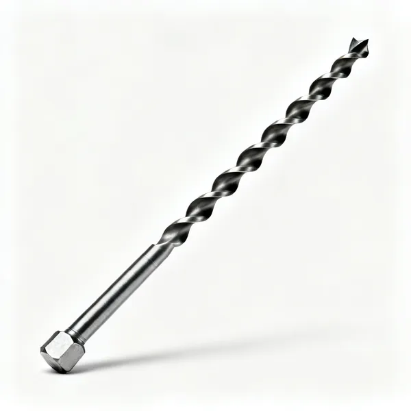 Auger bit: A long wood auger drill bit with a spiral flute and a hex shank