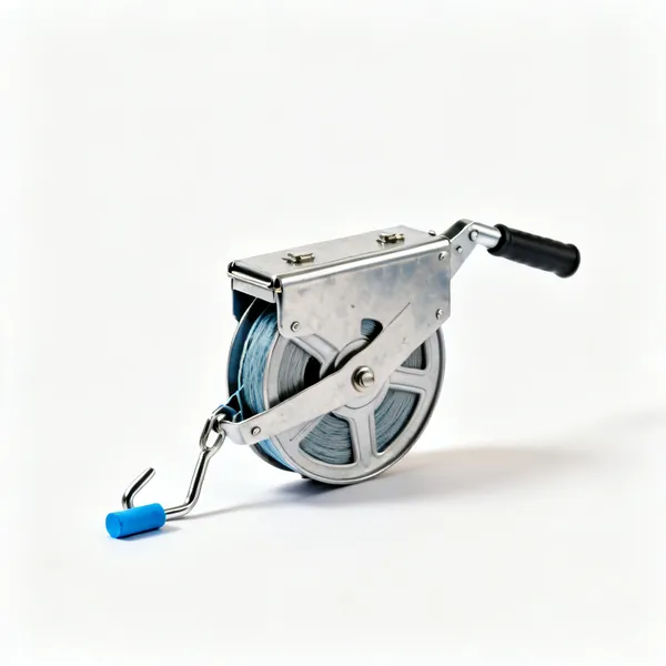 A chalk line reel with a metal case, hook and blue chalk