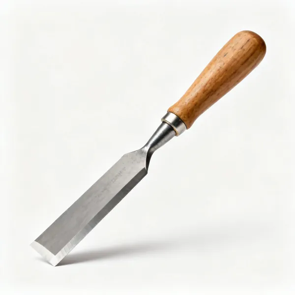 A bevel edge wood chisel with a flat blade and a wooden handle