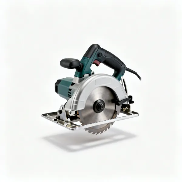 A corded circular saw with a metal base plate, blade guard and pistol grip