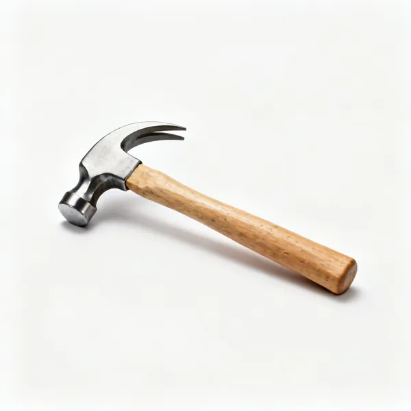 A claw hammer with a steel head, curved claw and a wooden handle