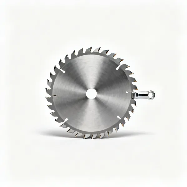 Wood saw blade: A single circular saw blade lying flat, face on, with 24 large carbide tipped teeth around its rim