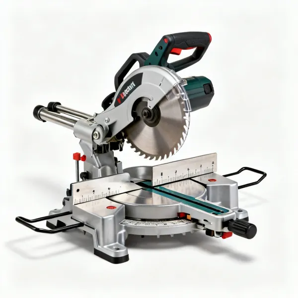 A compound mitre saw with a circular blade, fence and mitre scale